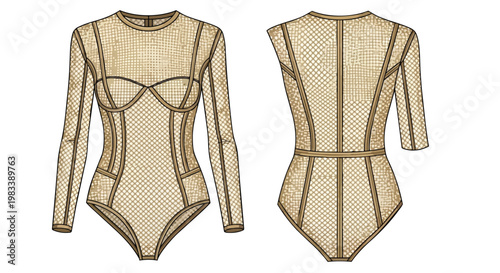 Detailed technical sketch of a contemporary long-sleeve mesh bodysuit design showing front and back views