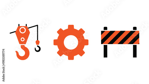 Construction Icons: A set of vivid, vector-style construction icons, perfect for representing engineering, building, and infrastructure concepts. This compilation features a hook, a gear.