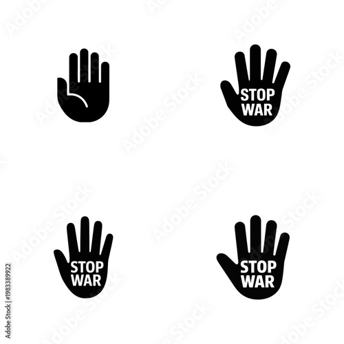 Four black hand symbols with stop war text on white background peace protest