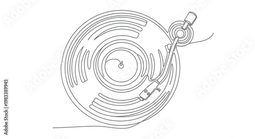 Minimalist line drawing of a spinning vinyl record with tonearm