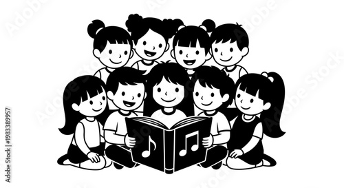 happy children singing together in group.