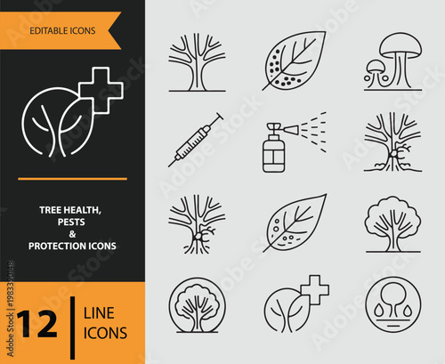 Foto Collection of tree health and protection line icons on gray background