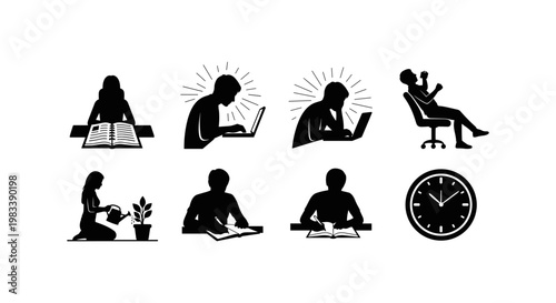 Silhouette icons of daily work and relaxation activities