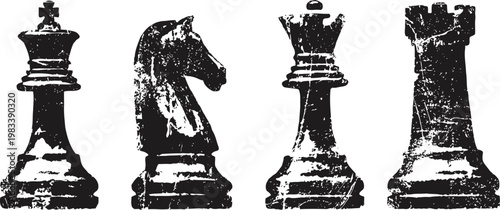 classic black chess pieces set with king, knight, queen, and rook in vintage
