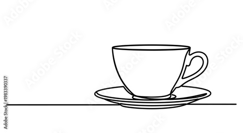 Minimalist line drawing of a cup and saucer on a white background