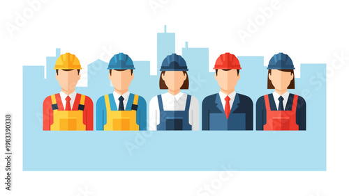 Construction Team's Silhouette: A diverse team of construction workers stand united, a symbol of collaboration and expertise within the urban landscape.
