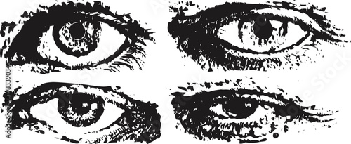 vintage black ink drawing of expressive human eyes with detailed shading and textured lines