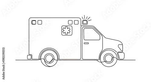 A minimalist, single-line drawing of an ambulance with a star emblem and flashing light