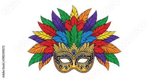 An ornate gold Venetian masquerade mask decorated with elegant feathers captures the mystery and fantasy of a festive Mardi Gras celebration