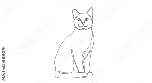 A single line drawing of a cat sitting upright, looking forward