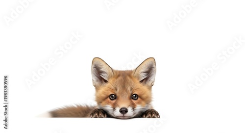 A cute baby fox peeking over a white surface with its paws resting on the edge, looking directly at the camera with big, innocent eyes.