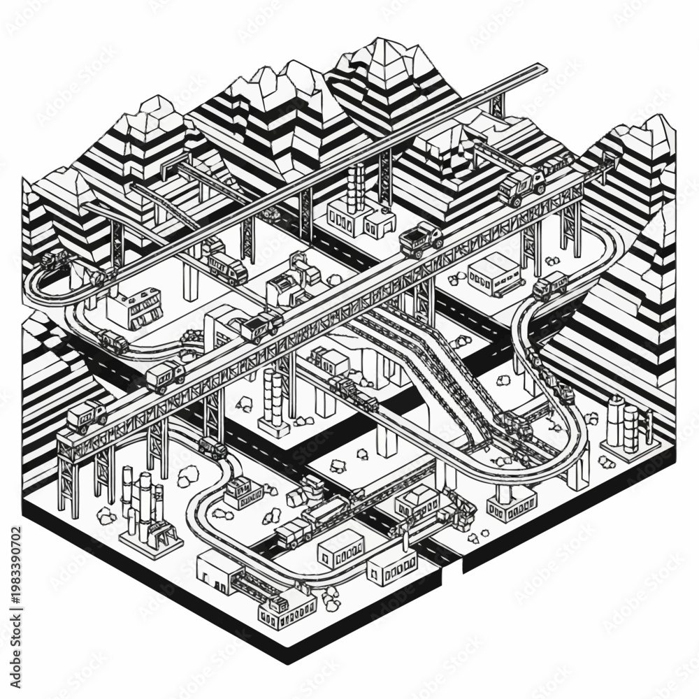 Obraz premium Isometric illustration of a complex transportation network with roads, bridges, and trains.