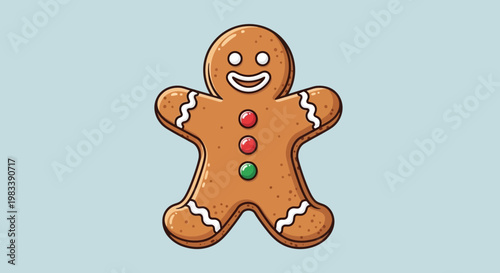 A happy decorated gingerbread man cookie baked for the Christmas holiday sits as a sweet traditional brown biscuit snack isolated on a clean background