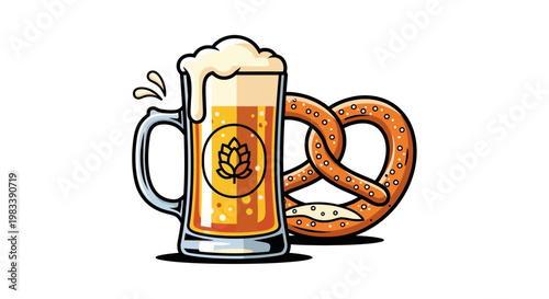 A cold, full glass mug of golden lager beer with a thick head of white foam stands isolated as a refreshing alcoholic beverage against a clean white background