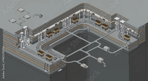 Photos Isometric view of an underground mine with carts on a conveyor belt system and shafts