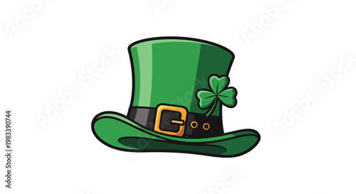 A festive 3D illustration features a green Saint Patrick's day leprechaun hat adorned with a lucky shamrock clover as a magical symbol for the Irish holiday celebration in March