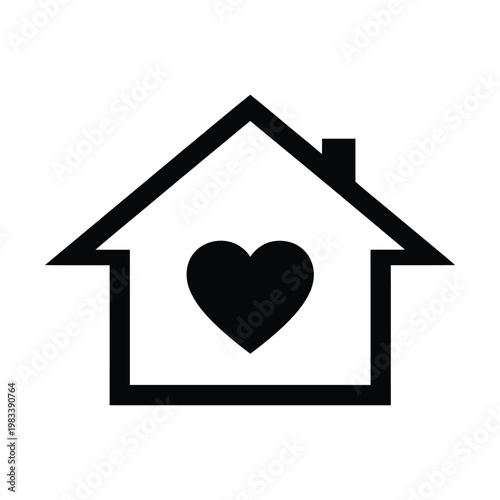 A black and white house icon with a heart symbol in the center of its walls