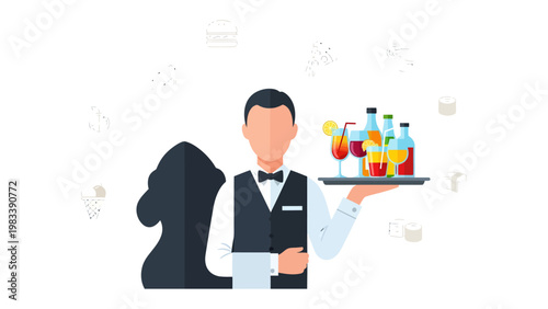 Service with a Smile: A waiter elegantly presents a tray laden with an array of vibrant cocktails and bottles, exemplifying attentive service and inviting refreshment.