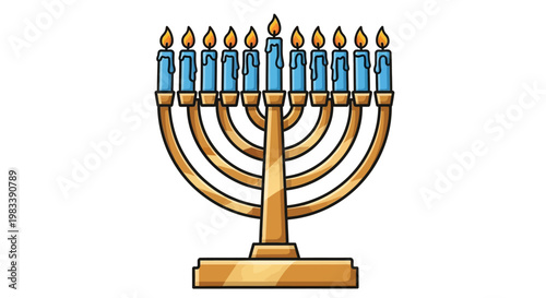A golden Hanukkah menorah with lit candles stands as a traditional religious symbol for the holiday celebration isolated on a white background in this vector illustration