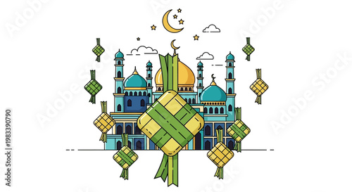 A charming vector illustration featuring a cartoon urban town with old European buildings, houses, and tree-lined streets designed in a colorful architectural art style