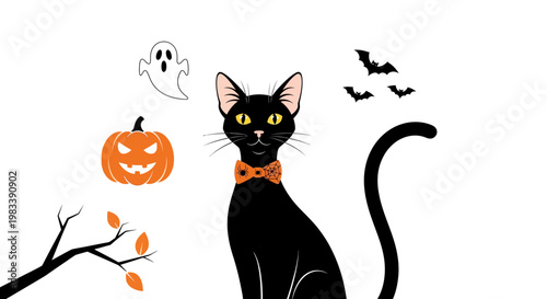A cute cartoon vector illustration of a funny black kitten character sitting as a silhouette next to a pumpkin for a festive Halloween design