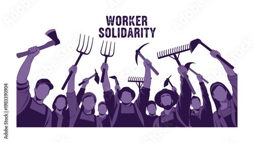 Worker Solidarity: A group of workers stand united, raising tools high in a symbol of solidarity. Their determined faces reflect shared strength and commitment to their cause.