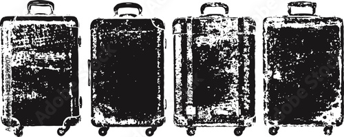 four vintage suitcases lined up in a row with rustic worn textures and handles
