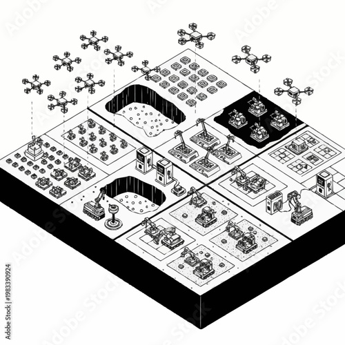 Automated agricultural farming with drones and robots in a futuristic concept.