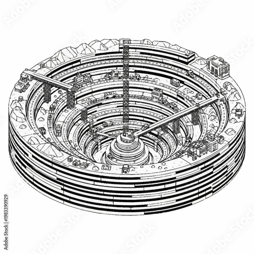 Detailed Isometric Illustration of a Futuristic Circular City with Multiple Levels and Bridges.