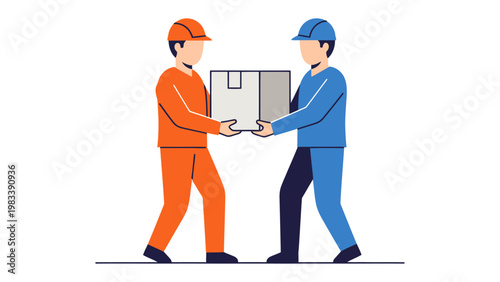 Cooperation and Delivery: Two workers in safety attire working harmoniously to move a cardboard box, symbolizing cooperation, transportation, and delivery in an efficient manner.