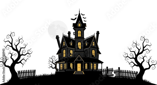 A spooky haunted castle stands on a dark hill under a full moon in October surrounded by scary trees, silhouettes of bats, and glowing pumpkins scattered across the eerie autumn cemetery