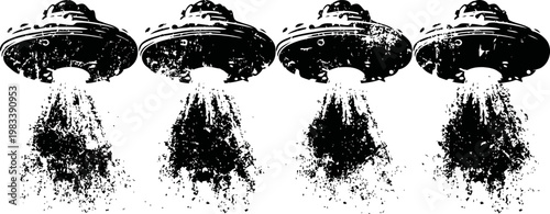 four vintage flying saucers hovering in formation with beam lights descending beneath on black background