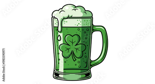 A cold green beer bottle and a transparent glass beer mug filled with refreshing alcoholic beverage sit isolated against a clean white background