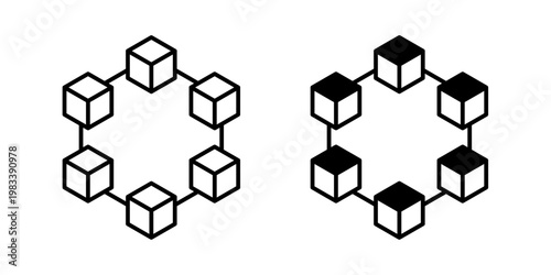 Blockchain icon in stroke and solid fill styles, isolated on white background. Ideal for decentralized systems, cryptocurrency, and secure data networks.