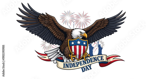 Vintage vector illustration of an American bald eagle with an American flag shield serving as a heraldic emblem and badge design for patriotic insignia or a tattoo symbol