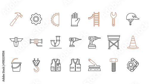 Construction Tools Icons: A comprehensive set of construction and repair tools are arranged, each carefully depicted with simplicity and precision.