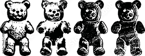 Vintage plush bears in four stages of wear classic stuffed toys antique collectibles concept