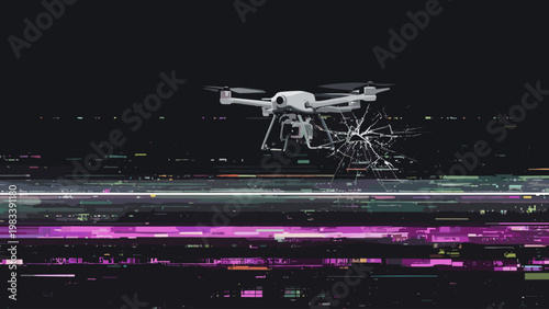 Drone flying with glitch background in dark atmosphere  