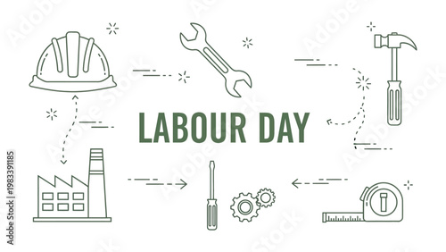 Labour Day tools : An artistic illustration celebrating Labour Day, featuring essential tools like a hard hat, wrench, hammer, screwdriver, gears, and a tape measure, along with a factory silhouette.