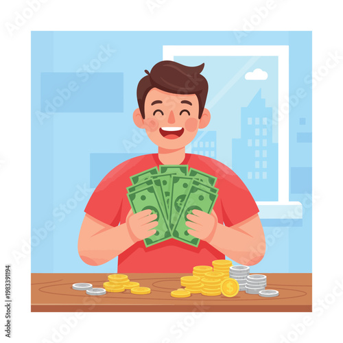 Joyful person holding a wad of cash amidst financial success symbols