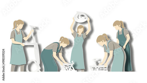 Women at Work: Depicting a series of women in an artistic and detailed illustration, engaged in various tasks related to dairy or related industry.