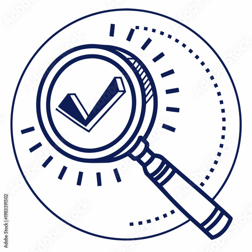 Photos Timely safety check concept with magnifying glass and check mark in a dynamic circular frame, representing ongoing quality monitoring