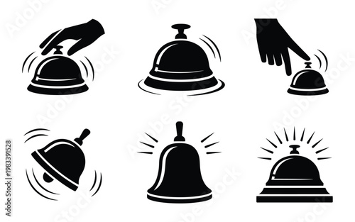 Foto Service bell icon set with hand ringing button for hotel reception hospitality assistant and call notification vector silhouette