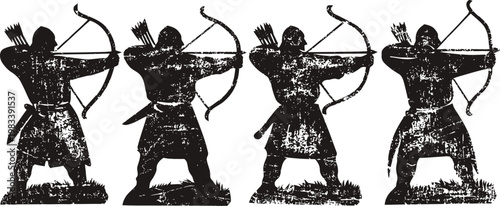 set of four medieval archers in silhouette aiming bows with arrows ready to shoot