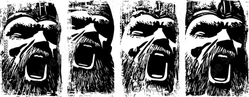 Fearful screaming man with beard expressing intense emotion in black and white grunge illustration
