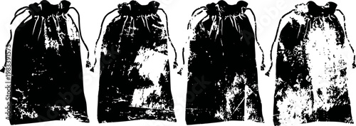 vintage drawstring cloth bags set, textile pouches with rustic texture, old fabric sacks collection