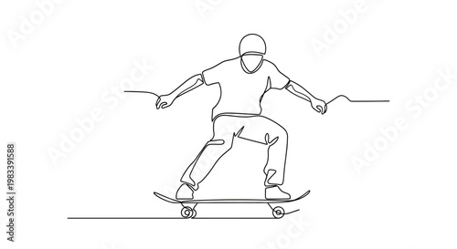 A single black line drawing depicts a skateboarder in motion