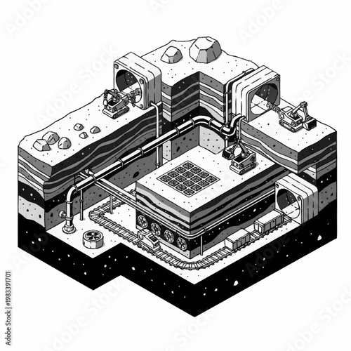 Isometric illustration of a complex underground mining operation with tunnels, machinery, and layered earth.