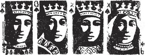 Black and white vintage playing card faces of kings and queen in classic design