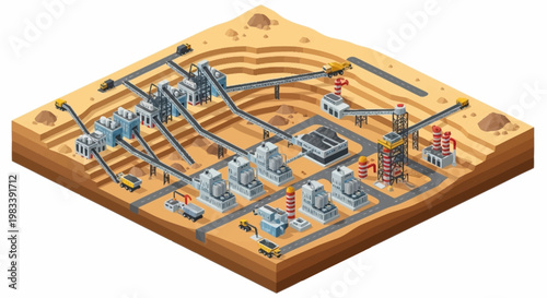 Isometric view of an industrial mining operation with heavy machinery and processing plants in a desert landscape.